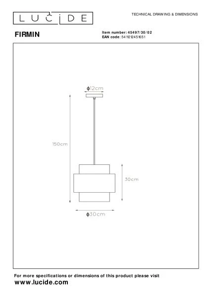 Lucide FIRMIN - Pendelleuchten - Ø 30 cm - 1xE27 - Mattes Gold / Messing - technisch